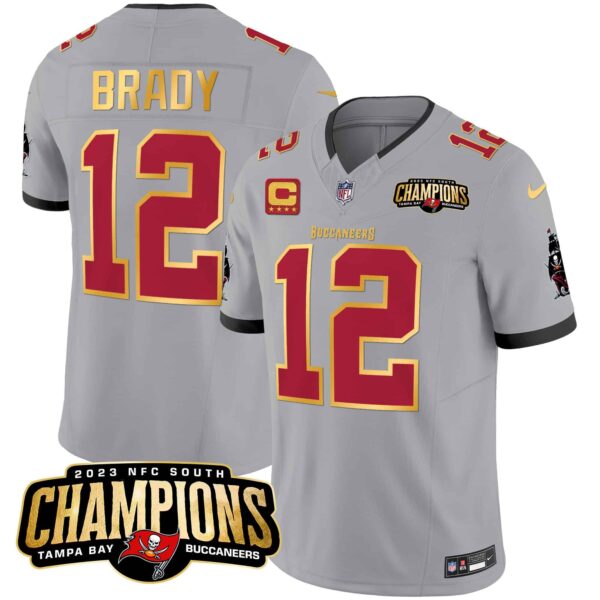 Men’s Buccaneers 2023 NFC South Champions Patch Gold Trim Vapor Jersey – All Stitched – Gray – Tom Brady