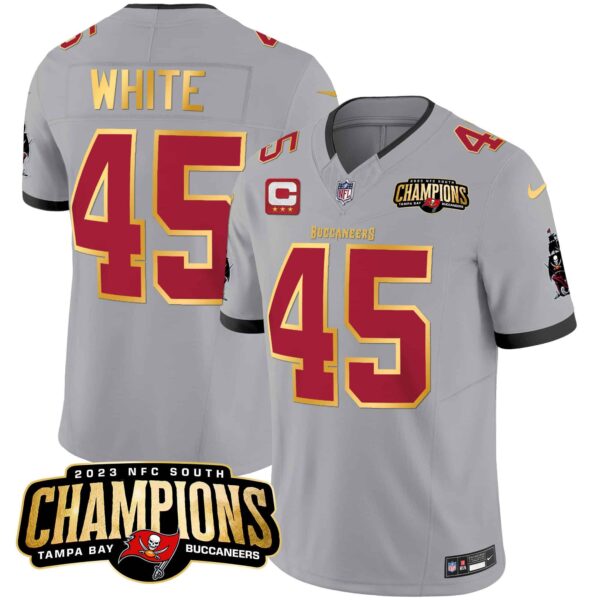Men’s Buccaneers 2023 NFC South Champions Patch Gold Trim Vapor Jersey – All Stitched – Gray – Devin White