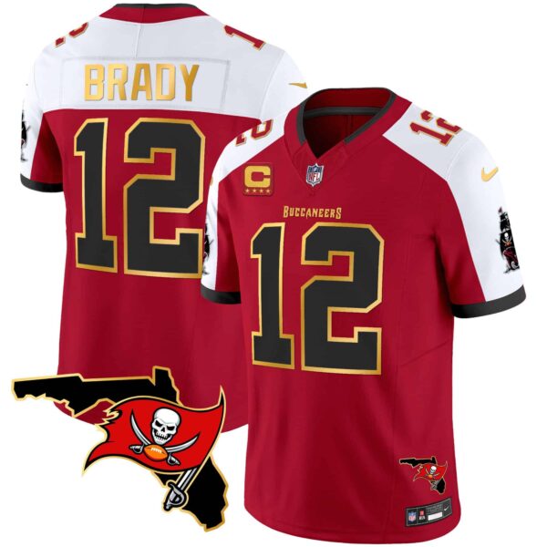 Men’s Buccaneers Florida Patch Gold Trim Vapor Jersey – All Stitched – Red Alternate – Tom Brady