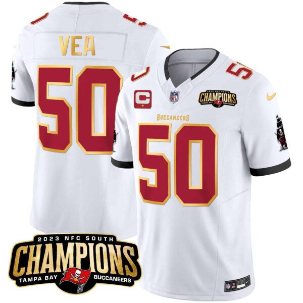 Men’s Buccaneers 2023 NFC South Champions Patch Gold Trim Vapor Jersey – All Stitched – White – Vita Vea