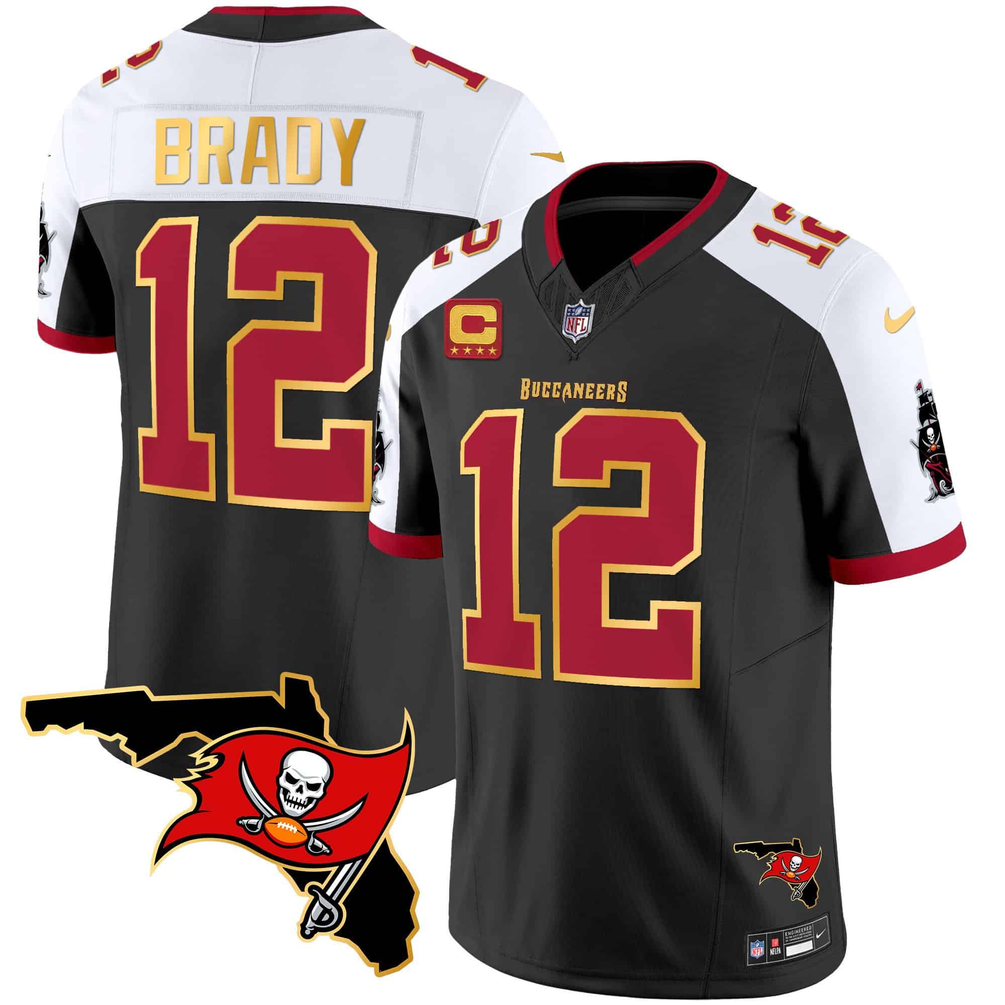 Men’s Buccaneers Florida Patch Gold Trim Vapor Jersey – All Stitched – Black Alternate – Tom Brady