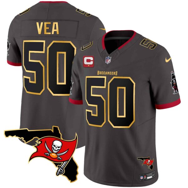 Men’s Buccaneers Florida Patch Gold Trim Vapor Jersey – All Stitched – Pewter – Vita Vea