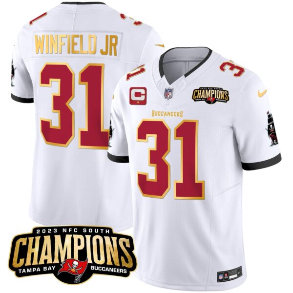 Men’s Buccaneers 2023 NFC South Champions Patch Gold Trim Vapor Jersey – All Stitched – White – Antoine Winfield Jr