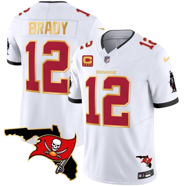 Men’s Buccaneers Florida Patch Gold Trim Vapor Jersey – All Stitched – White – Tom Brady
