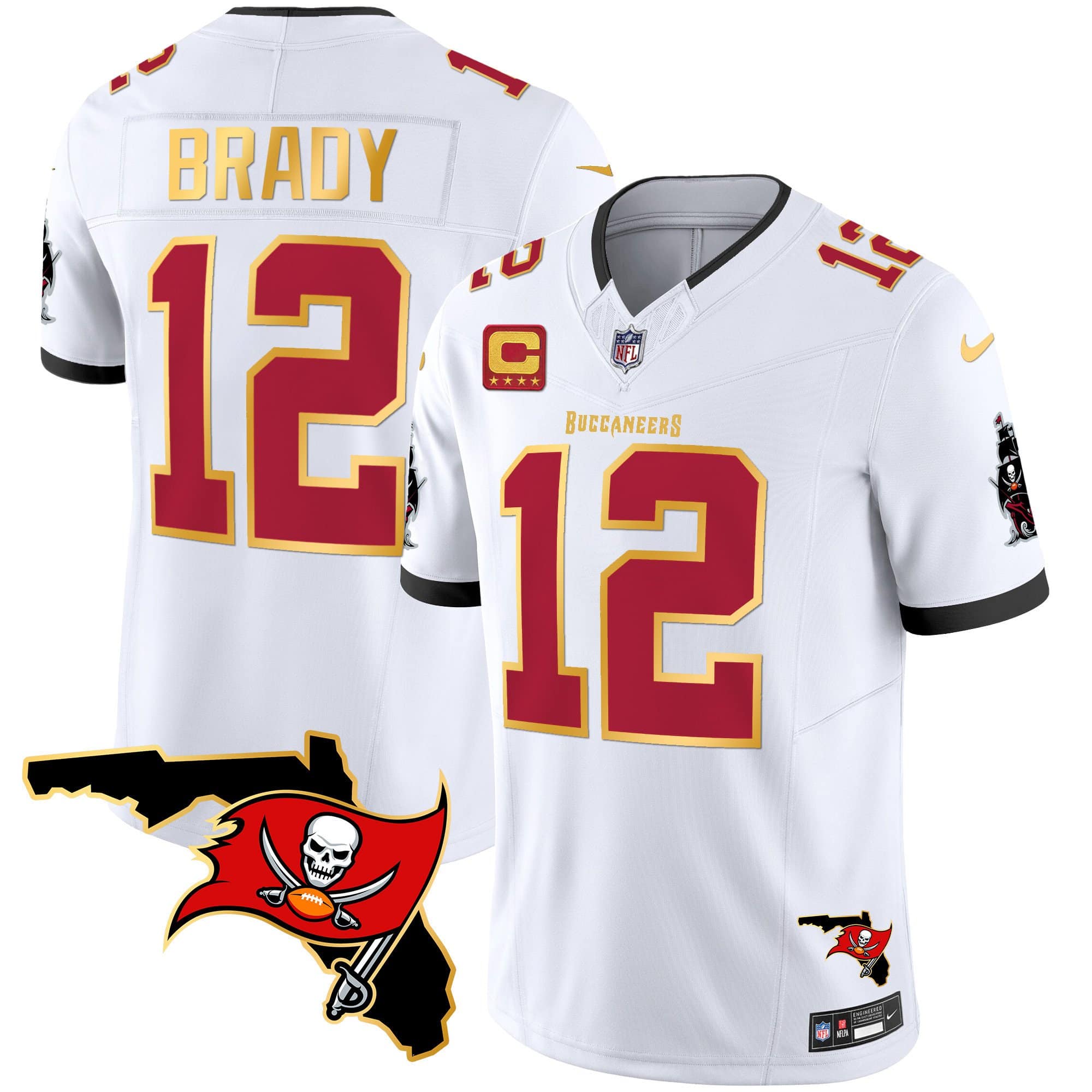 Men’s Buccaneers Florida Patch Gold Trim Vapor Jersey – All Stitched – White – Tom Brady