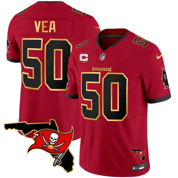 Men’s Buccaneers Florida Patch Gold Trim Vapor Jersey – All Stitched – Red – Vita Vea