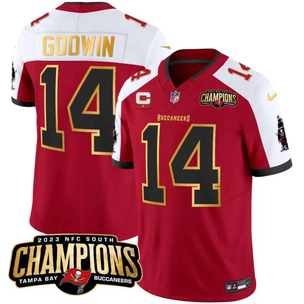 Men’s Buccaneers 2023 NFC South Champions Patch Gold Trim Vapor Jersey – All Stitched – Red Alternate – Chris Godwin