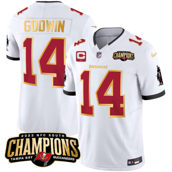 Men’s Buccaneers 2023 NFC South Champions Patch Gold Trim Vapor Jersey – All Stitched – White – Chris Godwin