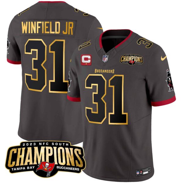 Men’s Buccaneers 2023 NFC South Champions Patch Gold Trim Vapor Jersey – All Stitched – Pewter – Antoine Winfield Jr