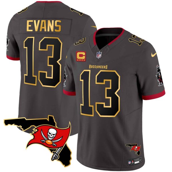 Men’s Buccaneers Florida Patch Gold Trim Vapor Jersey – All Stitched – Pewter – Mike Evans