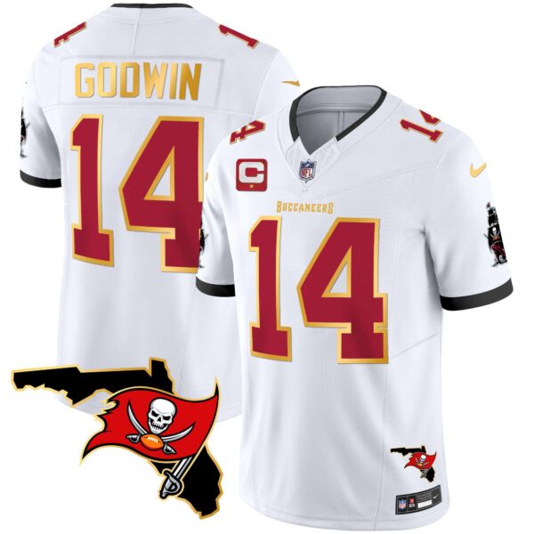 Men’s Buccaneers Florida Patch Gold Trim Vapor Jersey – All Stitched – White – Chris Godwin