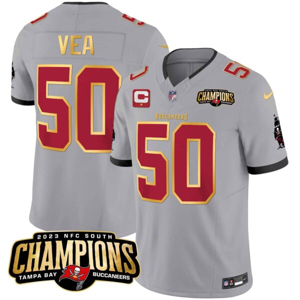 Men’s Buccaneers 2023 NFC South Champions Patch Gold Trim Vapor Jersey – All Stitched – Gray – Vita Vea