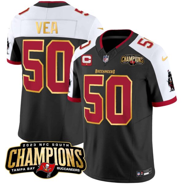 Men’s Buccaneers 2023 NFC South Champions Patch Gold Trim Vapor Jersey – All Stitched – Black Alternate – Vita Vea