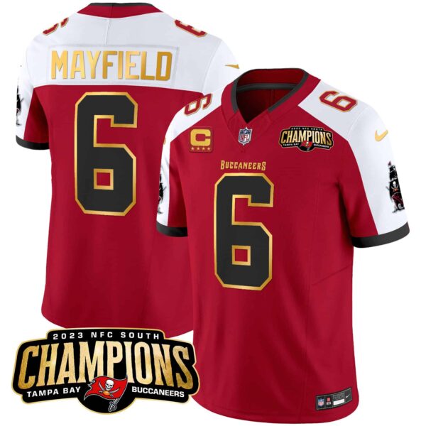Men’s Buccaneers 2023 NFC South Champions Patch Gold Trim Vapor Jersey – All Stitched – Red Alternate – Baker Mayfield