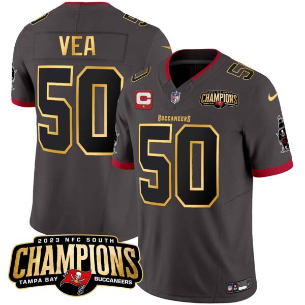 Men’s Buccaneers 2023 NFC South Champions Patch Gold Trim Vapor Jersey – All Stitched – Pewter – Vita Vea