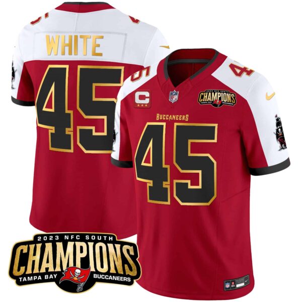 Men’s Buccaneers 2023 NFC South Champions Patch Gold Trim Vapor Jersey – All Stitched – Red Alternate – Devin White