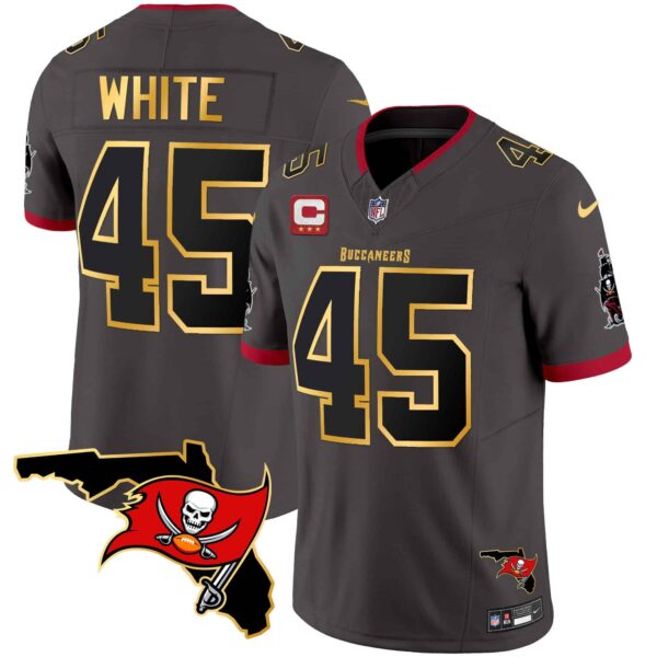 Men’s Buccaneers Florida Patch Gold Trim Vapor Jersey – All Stitched – Pewter – Devin White
