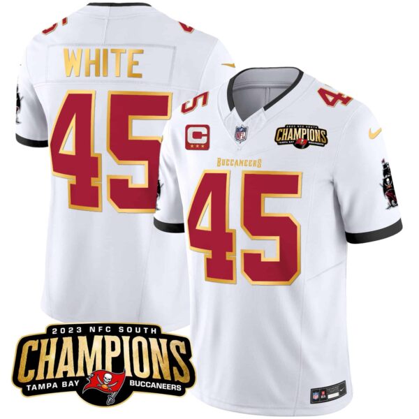Men’s Buccaneers 2023 NFC South Champions Patch Gold Trim Vapor Jersey – All Stitched – White – Devin White