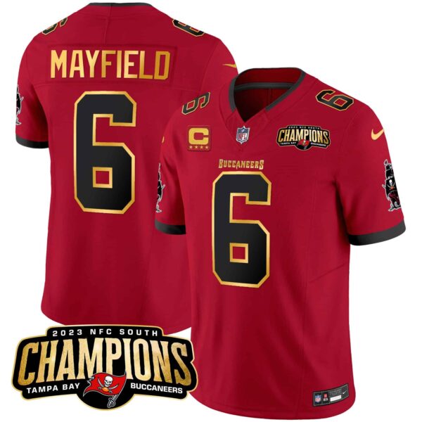 Men’s Buccaneers 2023 NFC South Champions Patch Gold Trim Vapor Jersey – All Stitched – Red – Baker Mayfield