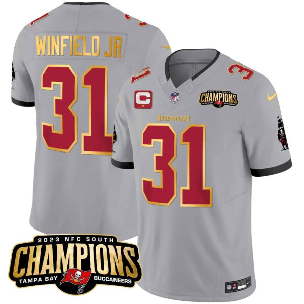 Men’s Buccaneers 2023 NFC South Champions Patch Gold Trim Vapor Jersey – All Stitched – Gray – Antoine Winfield Jr