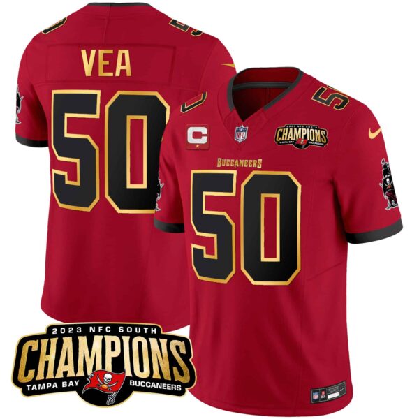 Men’s Buccaneers 2023 NFC South Champions Patch Gold Trim Vapor Jersey – All Stitched – Red – Vita Vea