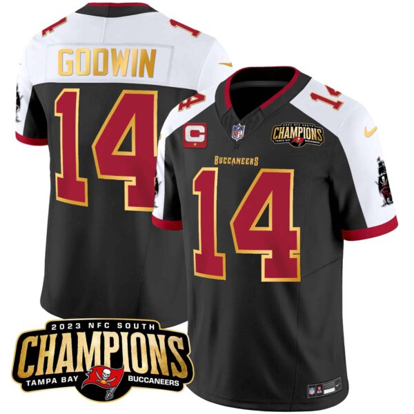 Men’s Buccaneers 2023 NFC South Champions Patch Gold Trim Vapor Jersey – All Stitched – Black Alternate – Chris Godwin