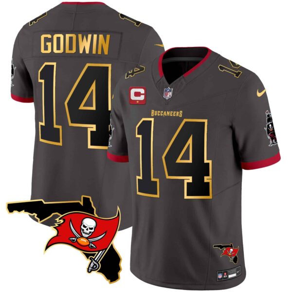 Men’s Buccaneers Florida Patch Gold Trim Vapor Jersey – All Stitched – Pewter – Chris Godwin