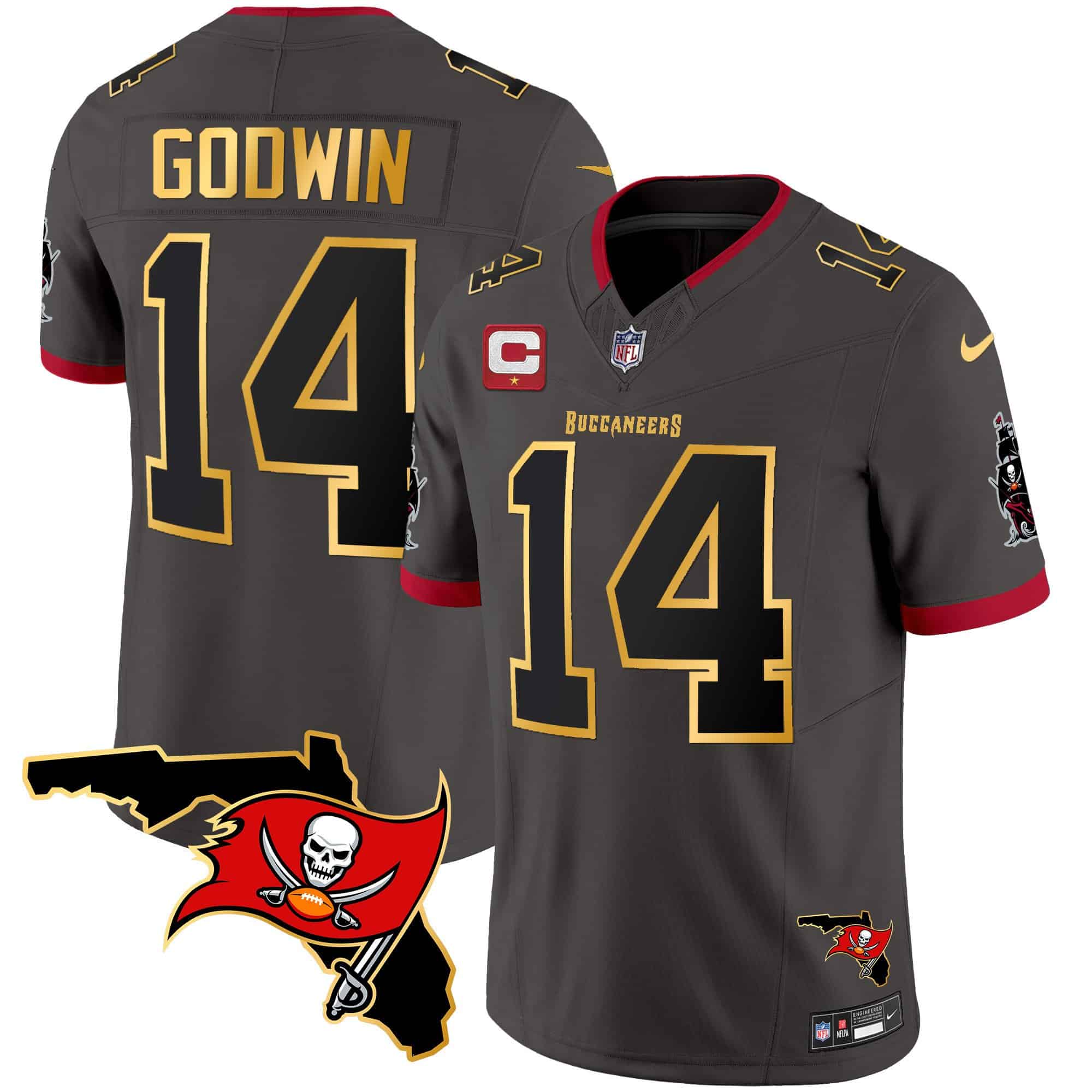 Men’s Buccaneers Florida Patch Gold Trim Vapor Jersey – All Stitched – Pewter – Chris Godwin