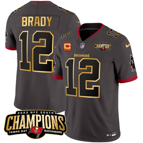 Men’s Buccaneers 2023 NFC South Champions Patch Gold Trim Vapor Jersey – All Stitched – Pewter – Tom Brady