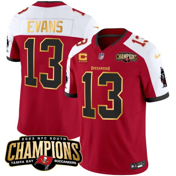 Men’s Buccaneers 2023 NFC South Champions Patch Gold Trim Vapor Jersey – All Stitched – Red Alternate – Mike Evans