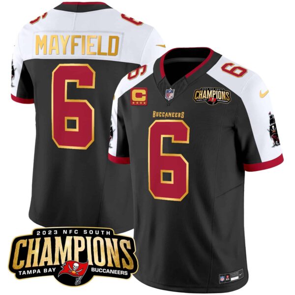 Men’s Buccaneers 2023 NFC South Champions Patch Gold Trim Vapor Jersey – All Stitched – Black Alternate – Baker Mayfield