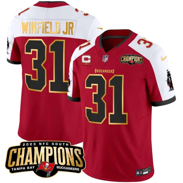 Men’s Buccaneers 2023 NFC South Champions Patch Gold Trim Vapor Jersey – All Stitched – Red Alternate – Antoine Winfield Jr