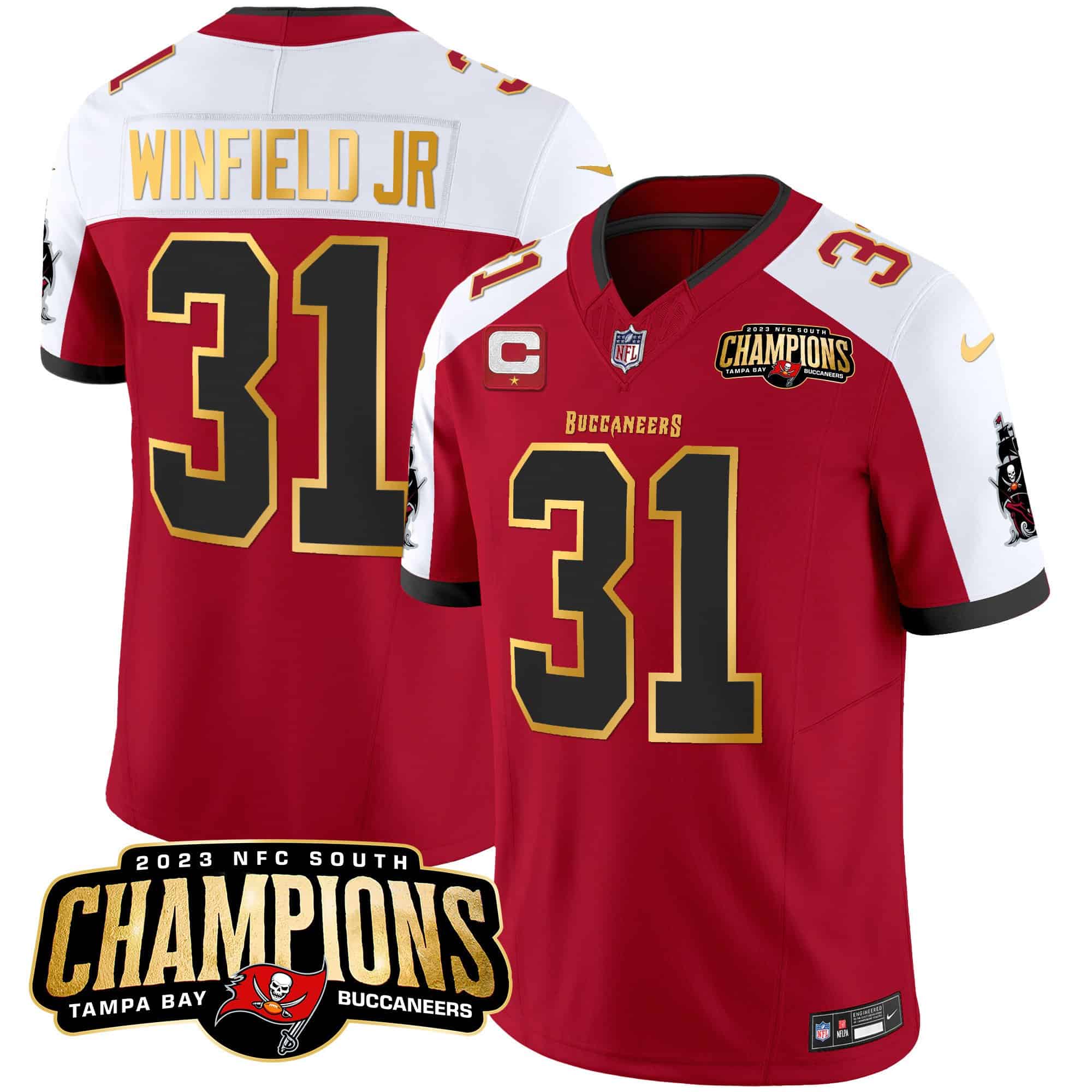 Men’s Buccaneers 2023 NFC South Champions Patch Gold Trim Vapor Jersey – All Stitched – Red Alternate – Antoine Winfield Jr