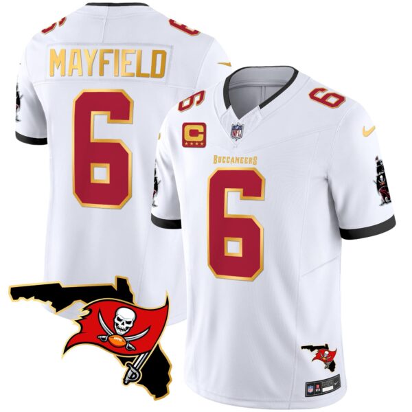 Men’s Buccaneers Florida Patch Gold Trim Vapor Jersey – All Stitched – White – Baker Mayfield