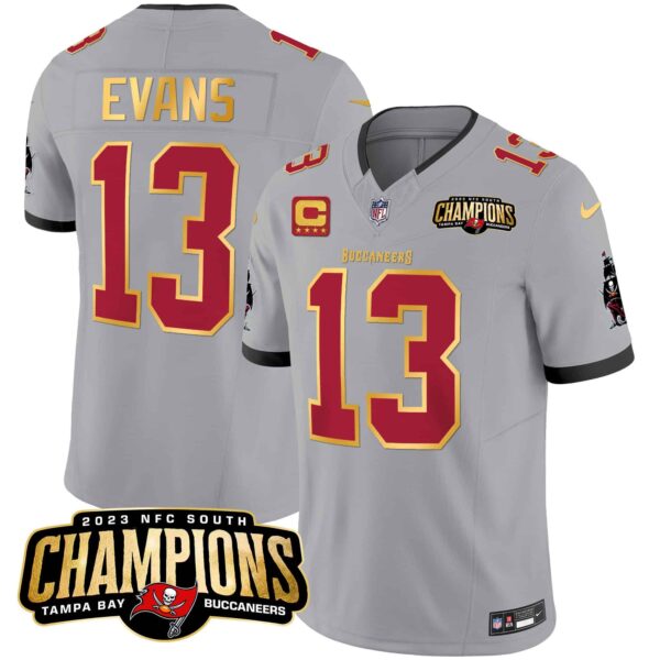 Men’s Buccaneers 2023 NFC South Champions Patch Gold Trim Vapor Jersey – All Stitched – Gray – Mike Evans