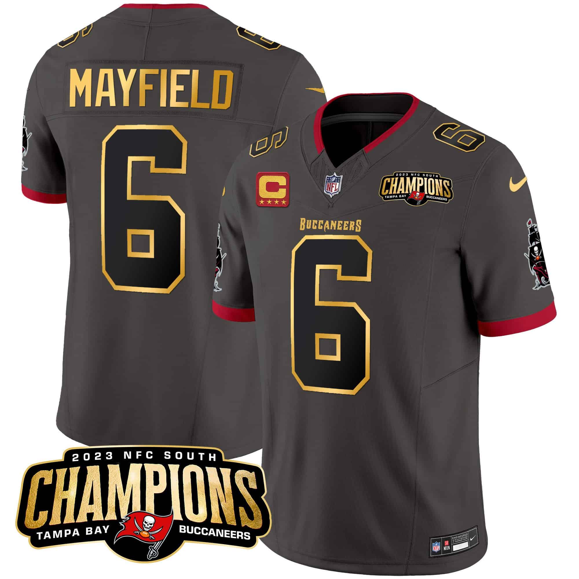 Men’s Buccaneers 2023 NFC South Champions Patch Gold Trim Vapor Jersey – All Stitched – Pewter – Baker Mayfield