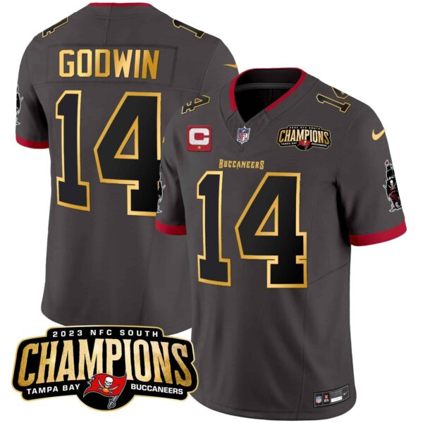 Men’s Buccaneers 2023 NFC South Champions Patch Gold Trim Vapor Jersey – All Stitched – Pewter – Chris Godwin