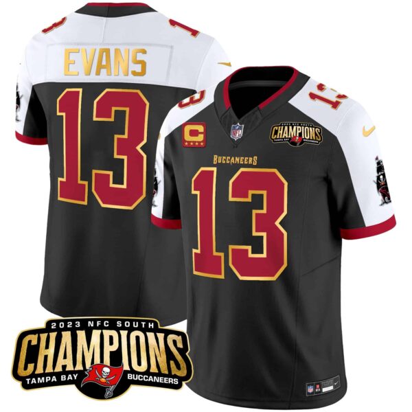 Men’s Buccaneers 2023 NFC South Champions Patch Gold Trim Vapor Jersey – All Stitched – Black Alternate – Mike Evans