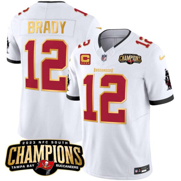 Men’s Buccaneers 2023 NFC South Champions Patch Gold Trim Vapor Jersey – All Stitched – White – Tom Brady
