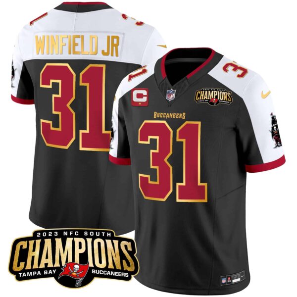 Men’s Buccaneers 2023 NFC South Champions Patch Gold Trim Vapor Jersey – All Stitched – Black Alternate – Antoine Winfield Jr