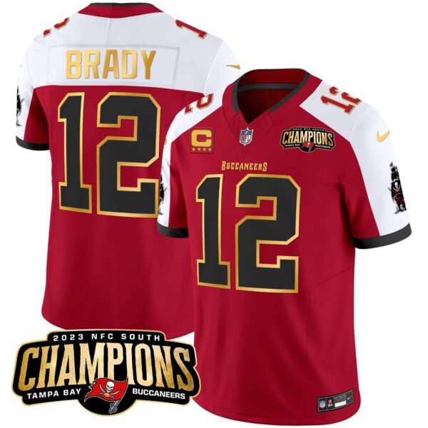 Men’s Buccaneers 2023 NFC South Champions Patch Gold Trim Vapor Jersey – All Stitched – Red Alternate – Tom Brady
