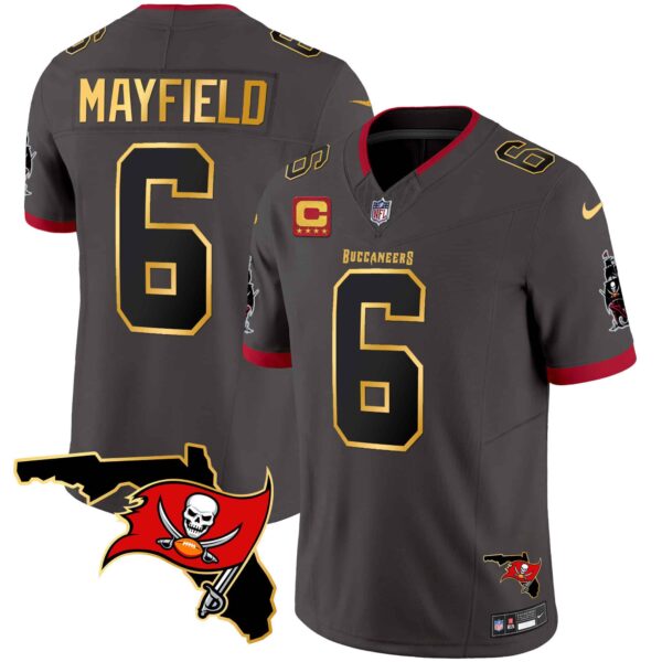 Men’s Buccaneers Florida Patch Gold Trim Vapor Jersey – All Stitched – Pewter – Baker Mayfield