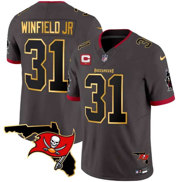 Men’s Buccaneers Florida Patch Gold Trim Vapor Jersey – All Stitched – Pewter – Antoine Winfield Jr.