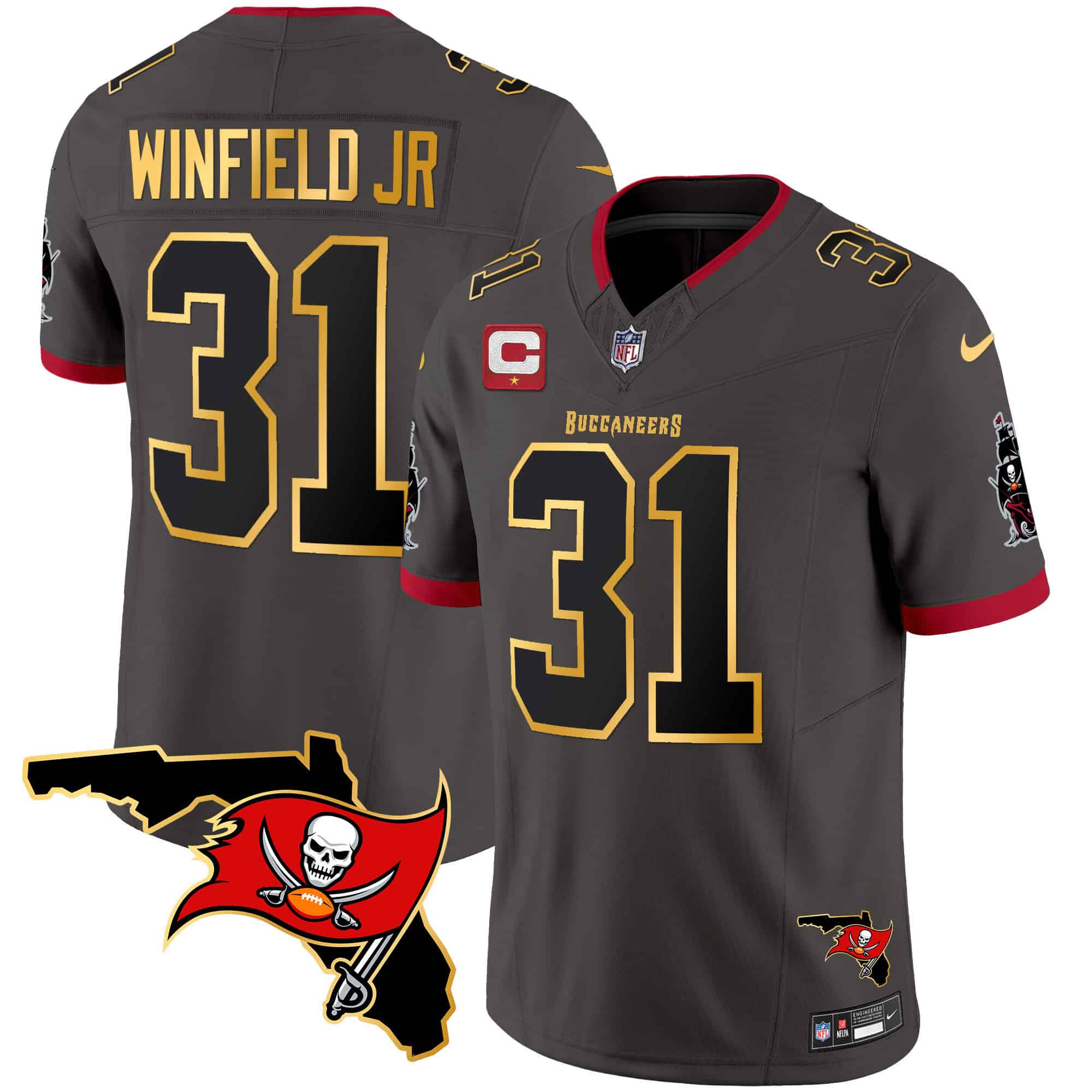 Men’s Buccaneers Florida Patch Gold Trim Vapor Jersey – All Stitched – Pewter – Antoine Winfield Jr.