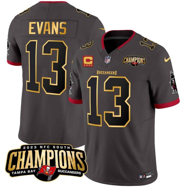 Men’s Buccaneers 2023 NFC South Champions Patch Gold Trim Vapor Jersey – All Stitched – Pewter – Mike Evans