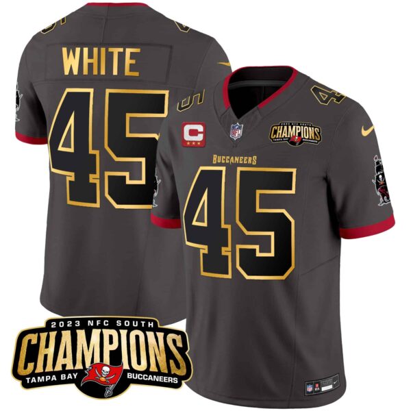 Men’s Buccaneers 2023 NFC South Champions Patch Gold Trim Vapor Jersey – All Stitched – Pewter – Devin White