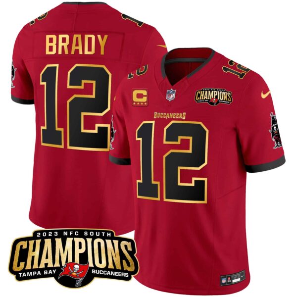 Men’s Buccaneers 2023 NFC South Champions Patch Gold Trim Vapor Jersey – All Stitched – Red – Tom Brady