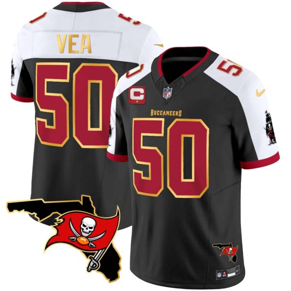 Men’s Buccaneers Florida Patch Gold Trim Vapor Jersey – All Stitched – Black Alternate – Vita Vea