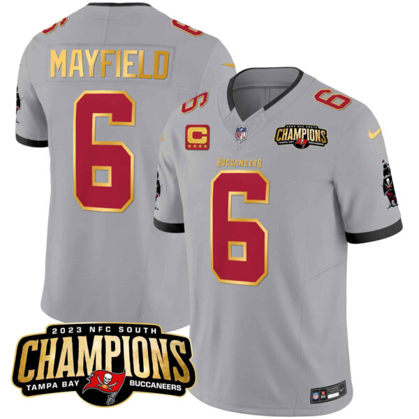 Men’s Buccaneers 2023 NFC South Champions Patch Gold Trim Vapor Jersey – All Stitched – Gray – Baker Mayfield
