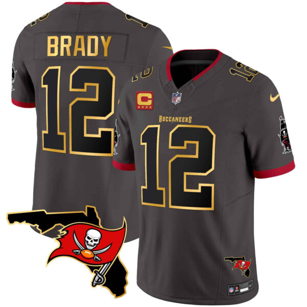 Men’s Buccaneers Florida Patch Gold Trim Vapor Jersey – All Stitched – Pewter – Tom Brady